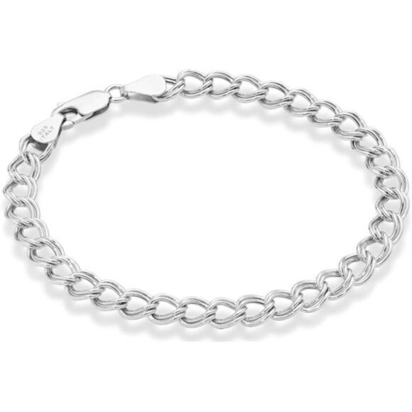 925 Sterling Silver Italian Double Curb Link Chain Bracelet, Charm Bracelet - Picture 1 of 5